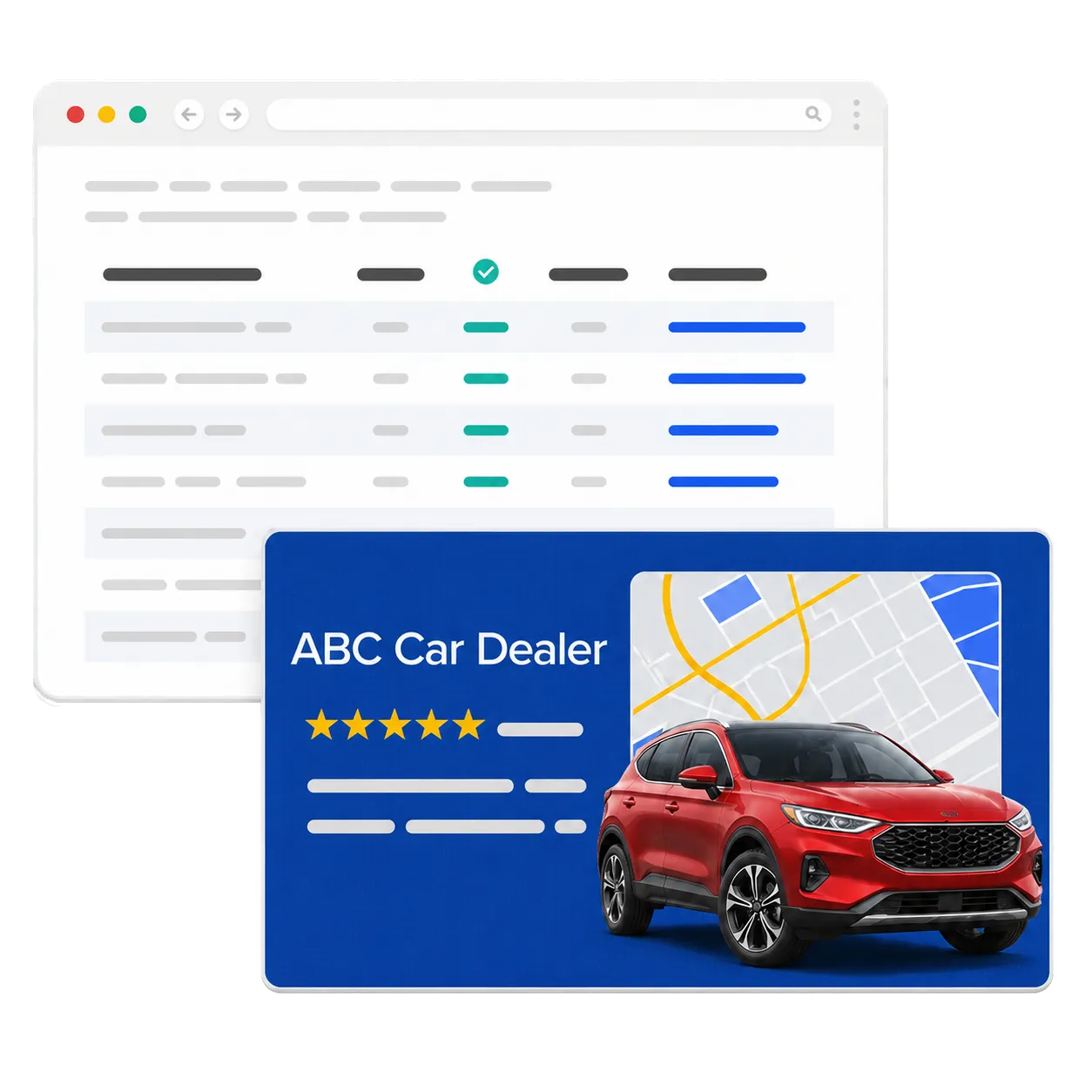 A car dealership Google Business Profile with a 5-star rating and map listing