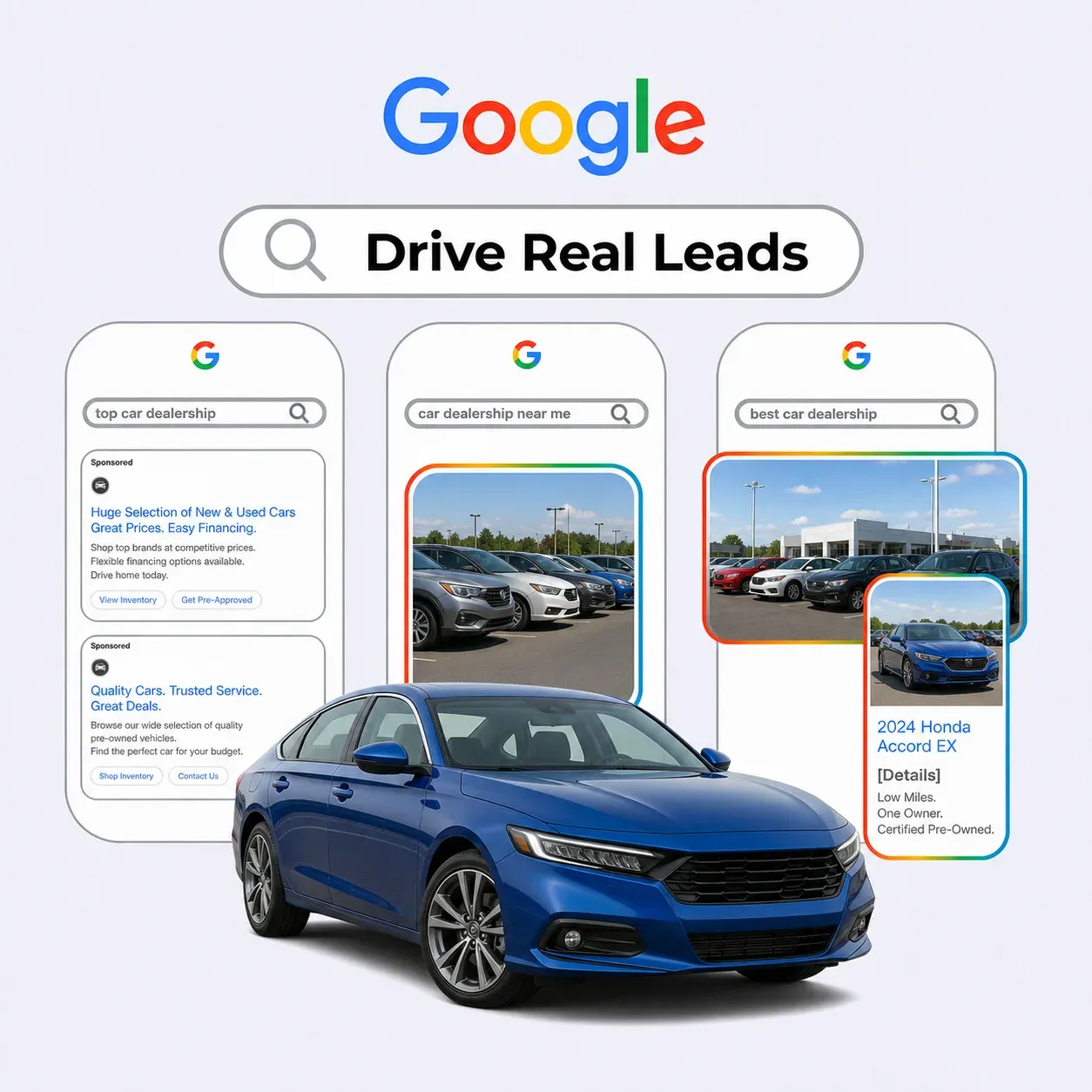 A blue sedan in front of Google search results and ads for car dealerships, illustrating how dealership SEO turns searches into leads