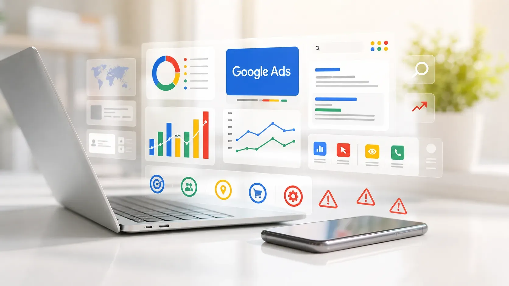 A Google Ads analytics dashboard with performance charts and warning icons floating above a laptop and phone, representing common dealership PPC mistakes