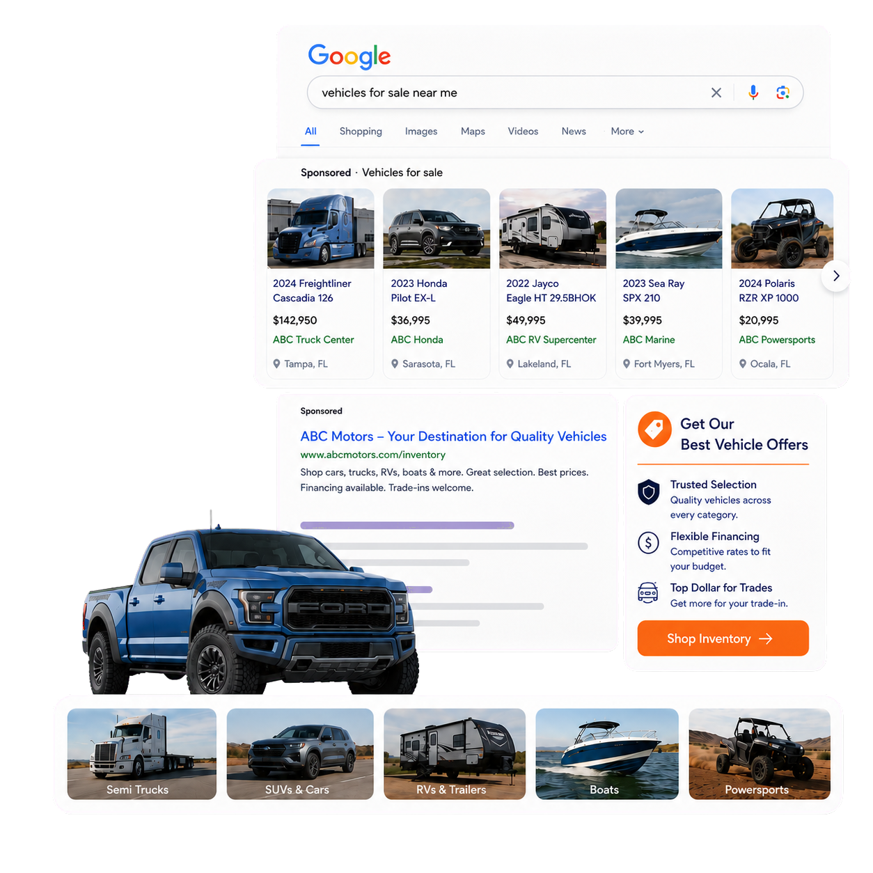 A Google search results page showing sponsored vehicle listings across trucks, SUVs, RVs, boats, and powersports
