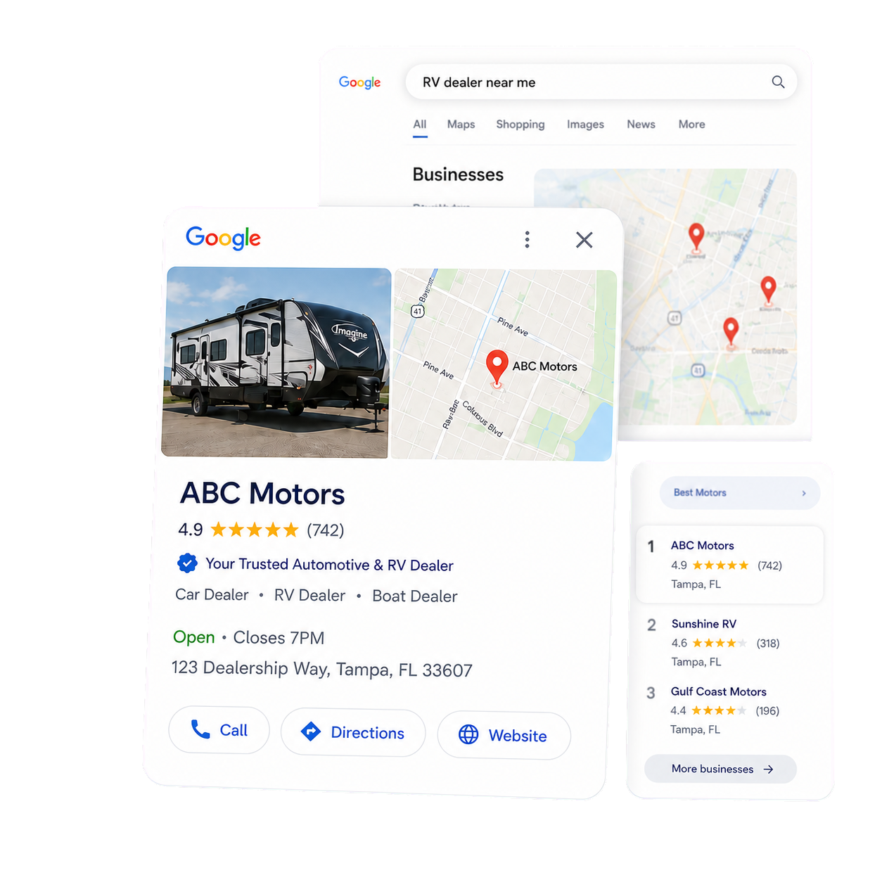 A Google Business Profile knowledge panel and local map pack ranking for an "RV dealer near me" search
