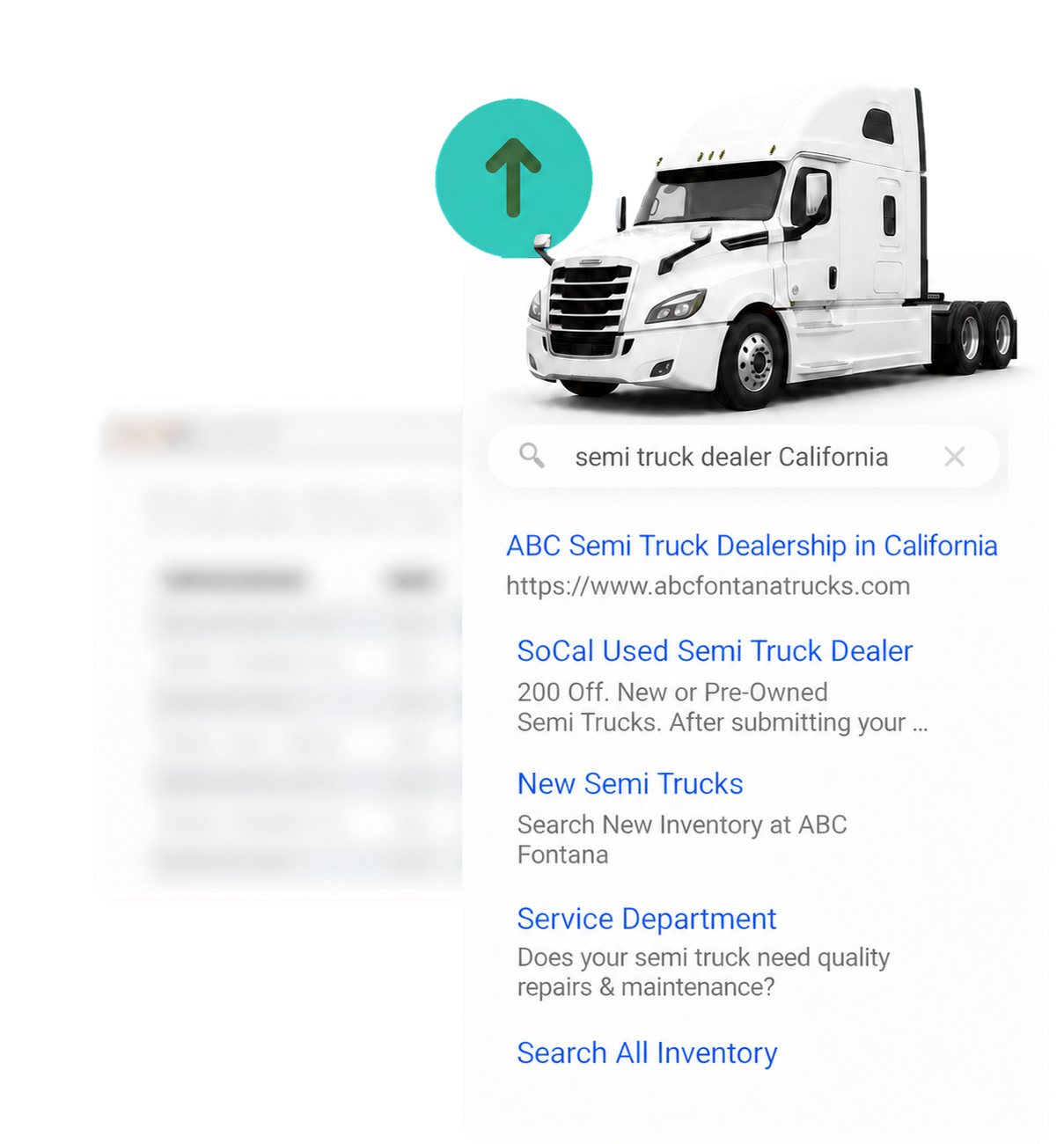 Search results for "semi truck dealer California" showing a dealership ranking at the top of organic results