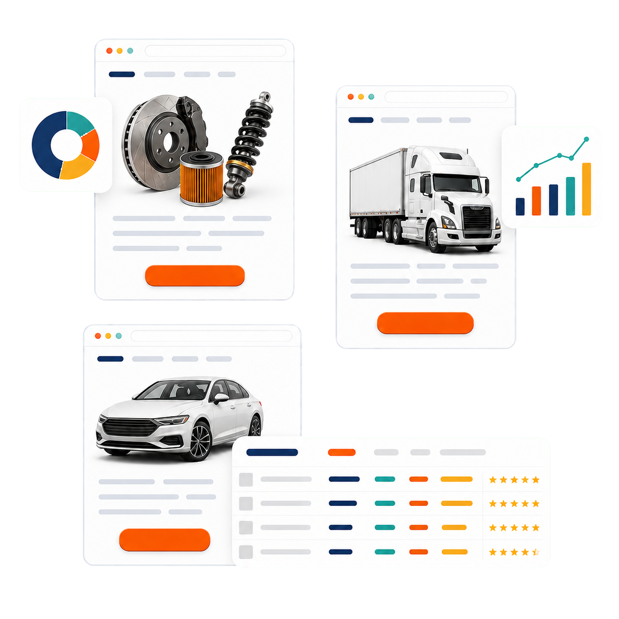 Inventory listing pages for parts, a semi truck, and a sedan, alongside a performance chart and a ranking comparison table