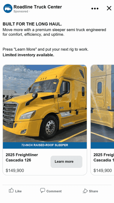 A sponsored Facebook ad for a 2025 Freightliner Cascadia semi truck listing