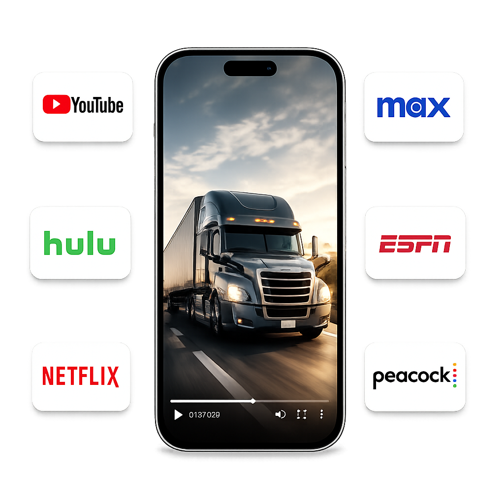 A phone playing a truck video ad surrounded by streaming platform logos including YouTube, Max, Hulu, ESPN, Netflix, and Peacock