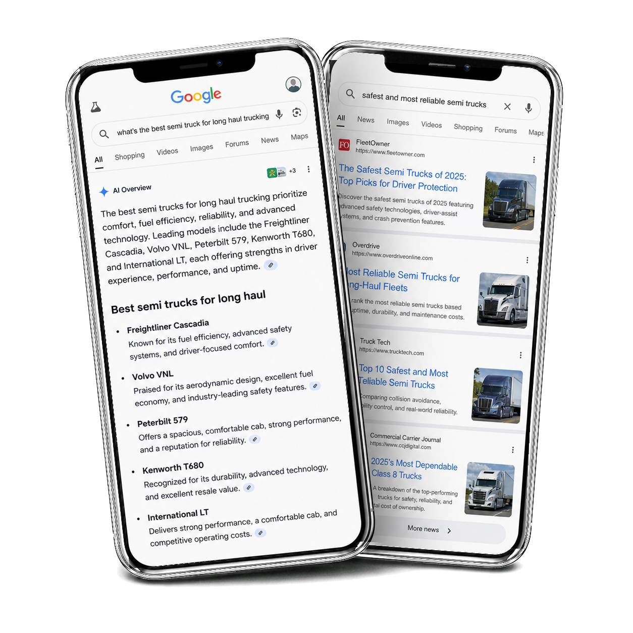 Two phones showing Google AI Overview and search results for semi truck buying research